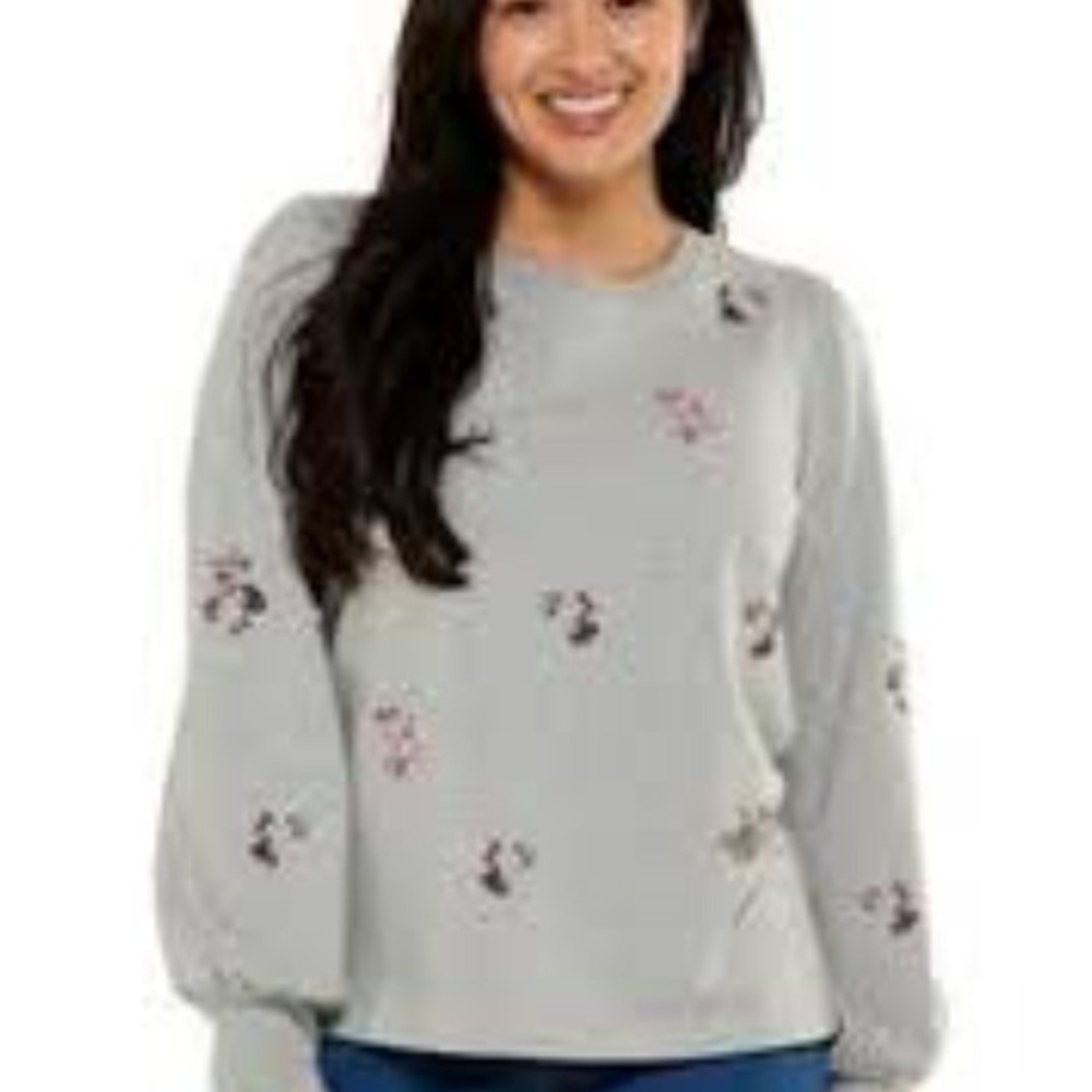 Erika Womens Olive Green Floral Embroidered Puff Sleeve Sweatshirt Size‎ M NWOT